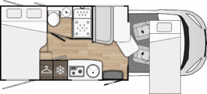 Top‑down floor plan of a camper van interior: bedroom area on the left, a wood-floor kitchenette with stove and sink in the center, and a seating/dining area with a table on the right; front cab at the bottom right.
